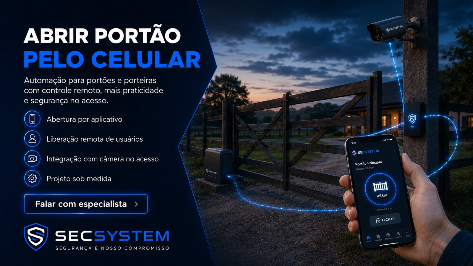 Abrir portão pelo celular em fazenda com câmera no acesso e controle por aplicativo