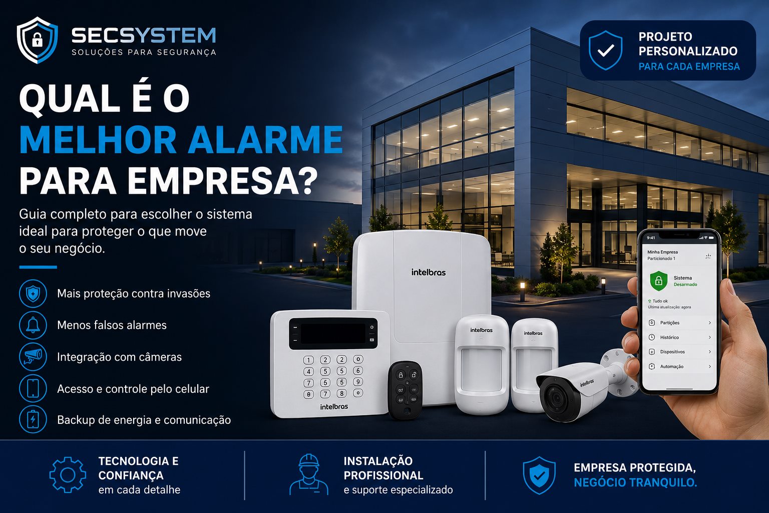 Guias de alarme empresarial com sensores, câmeras e aplicativo