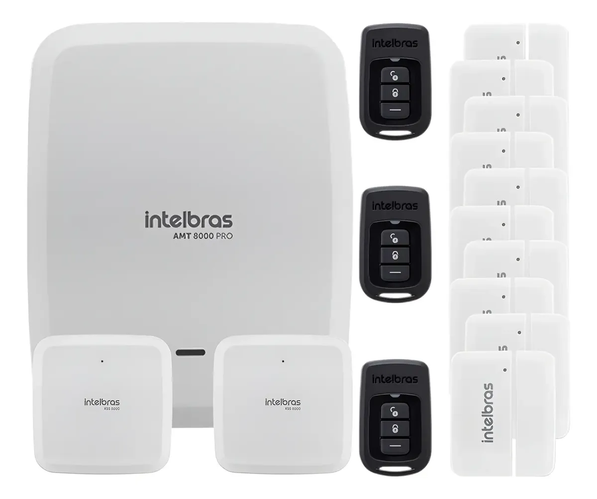 Kit AMT 8000 Pro com 10 sensores de porta da linha Intelbras Série 8000 para apartamento
