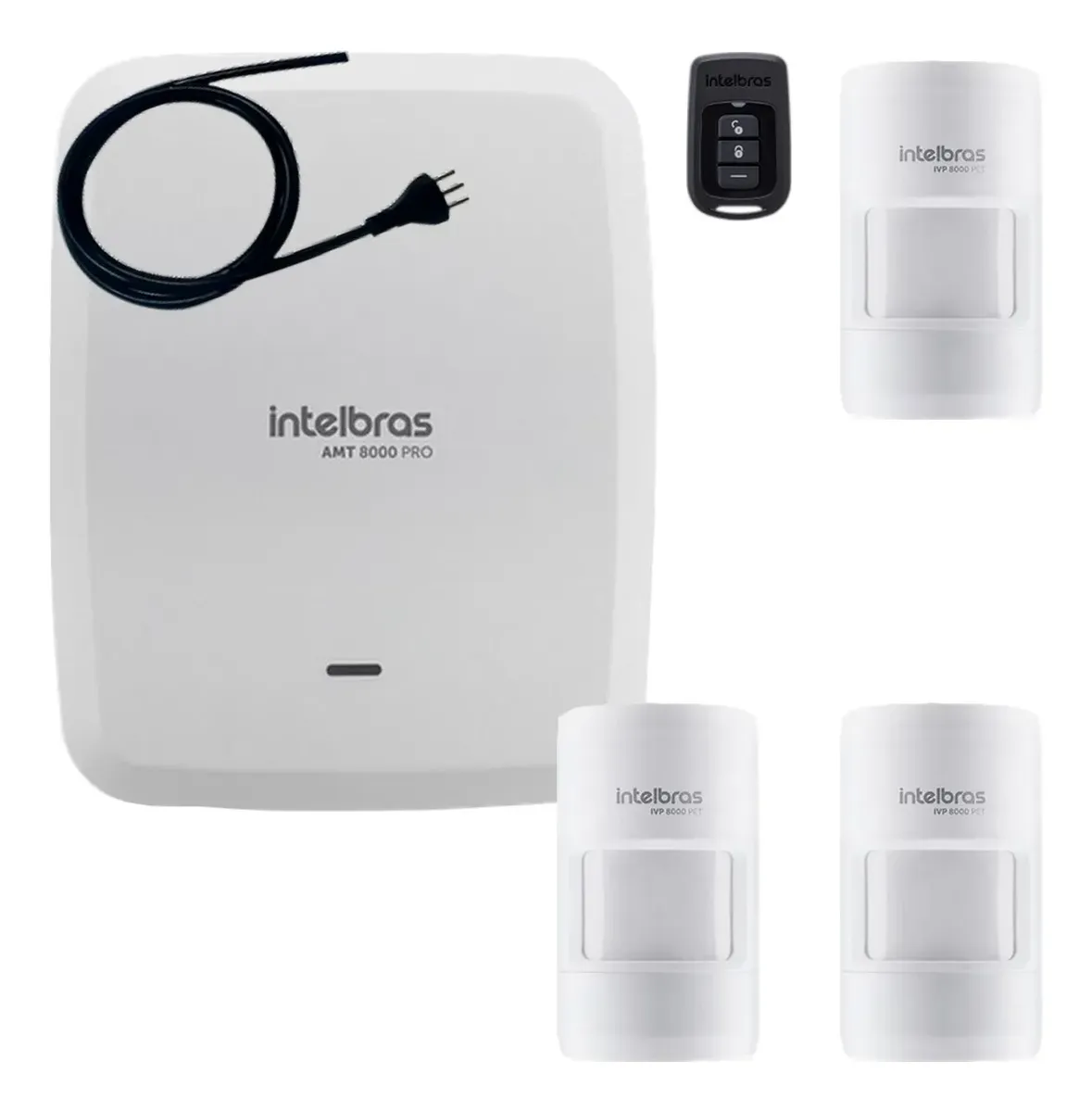 Kit AMT 8000 Pro com 3 sensores de presença da linha Intelbras Série 8000 para apartamento