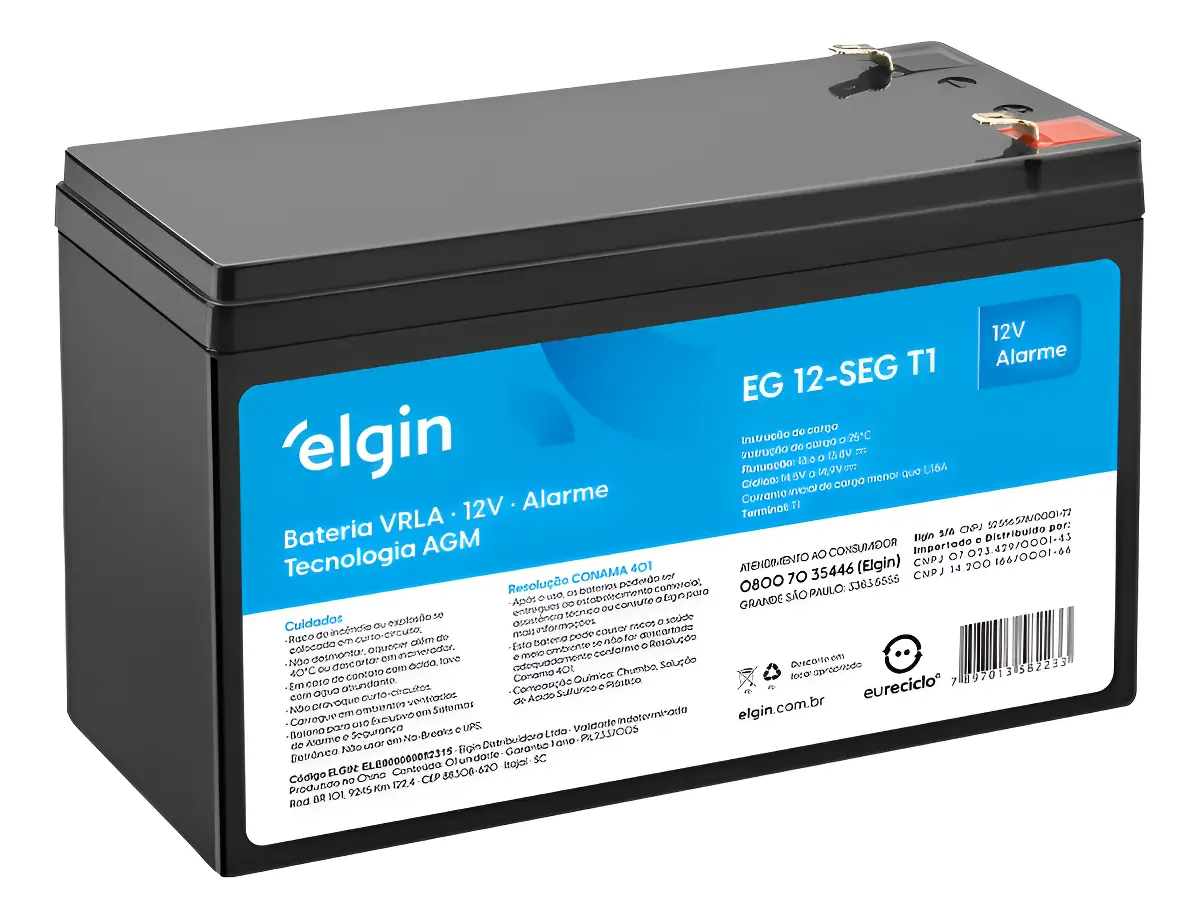 Bateria selada 12 V 7 Ah Elgin para central de alarme e cerca el&eacute;trica