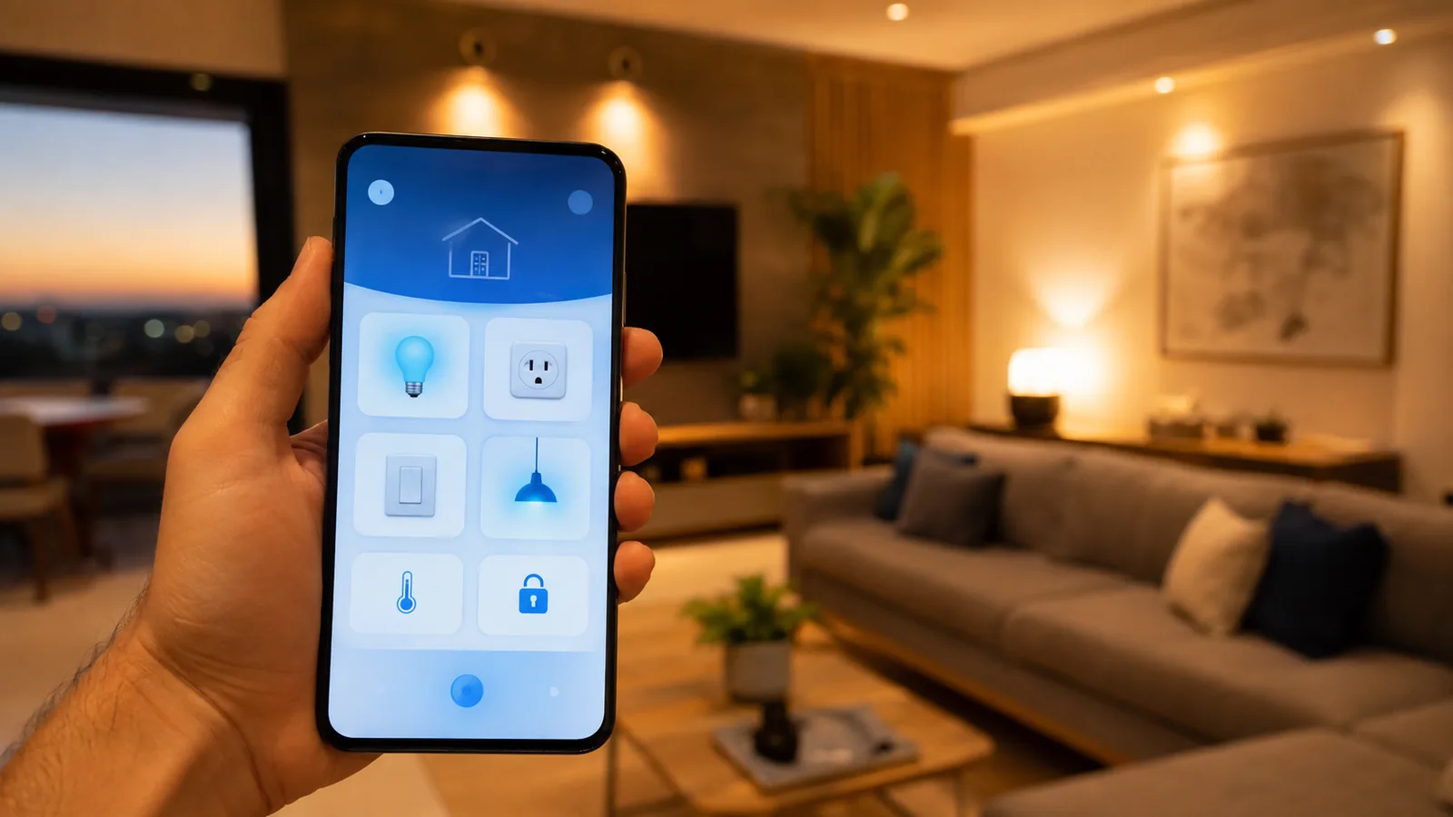 Mão segurando celular com o aplicativo eWeLink aberto controlando luzes e tomadas, com sala de estar iluminada ao fundo