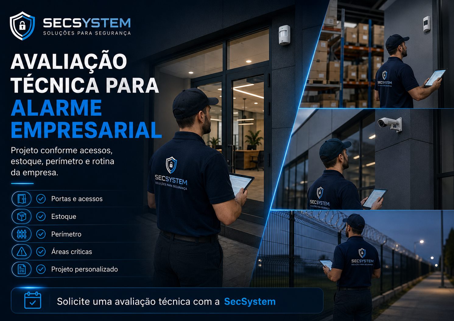 Avaliação técnica de alarme empresarial em estoque, perímetro e áreas críticas