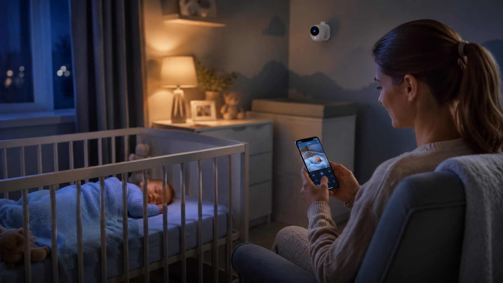 Bebê dormindo no berço monitorado por câmera Wi-Fi e app no celular