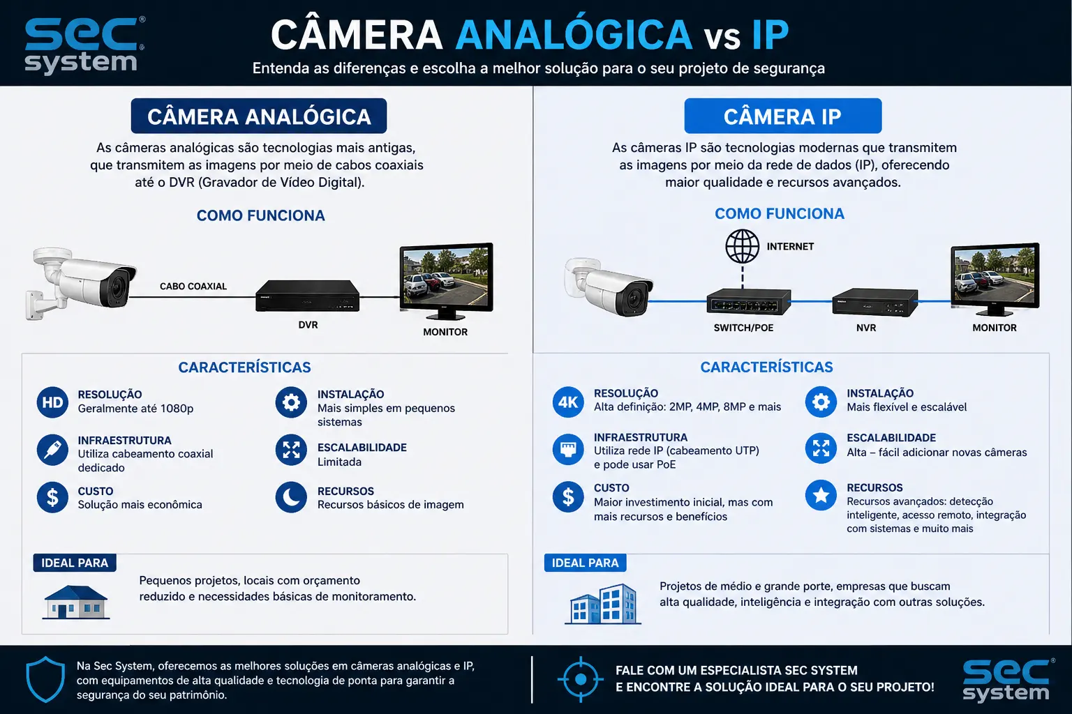 Comparativo entre câmera IP e câmera analógica coaxial para instalação de Segurança
