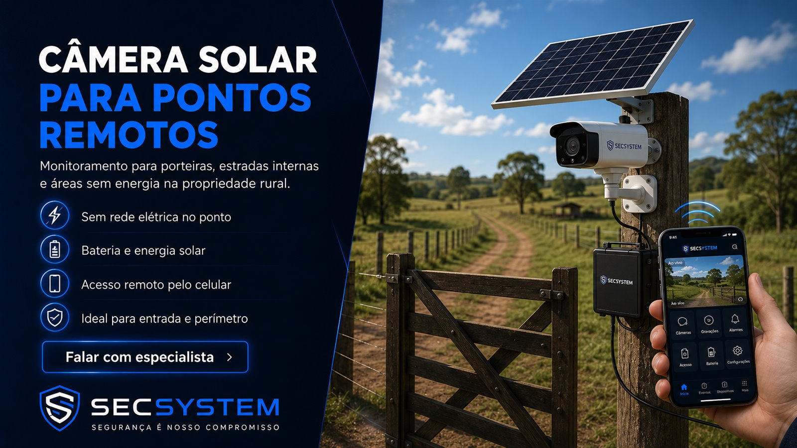 Câmera com placa solar para área rural em ponto remoto sem energia elétrica
