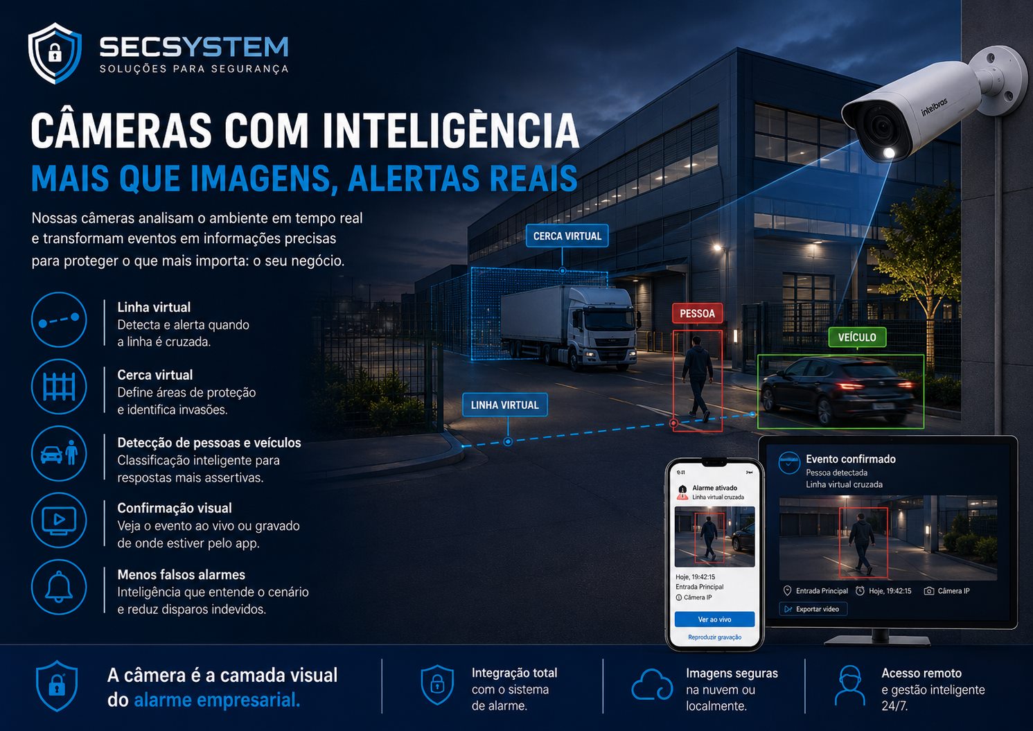 Câmeras com inteligência integradas ao alarme em indústria e perímetro