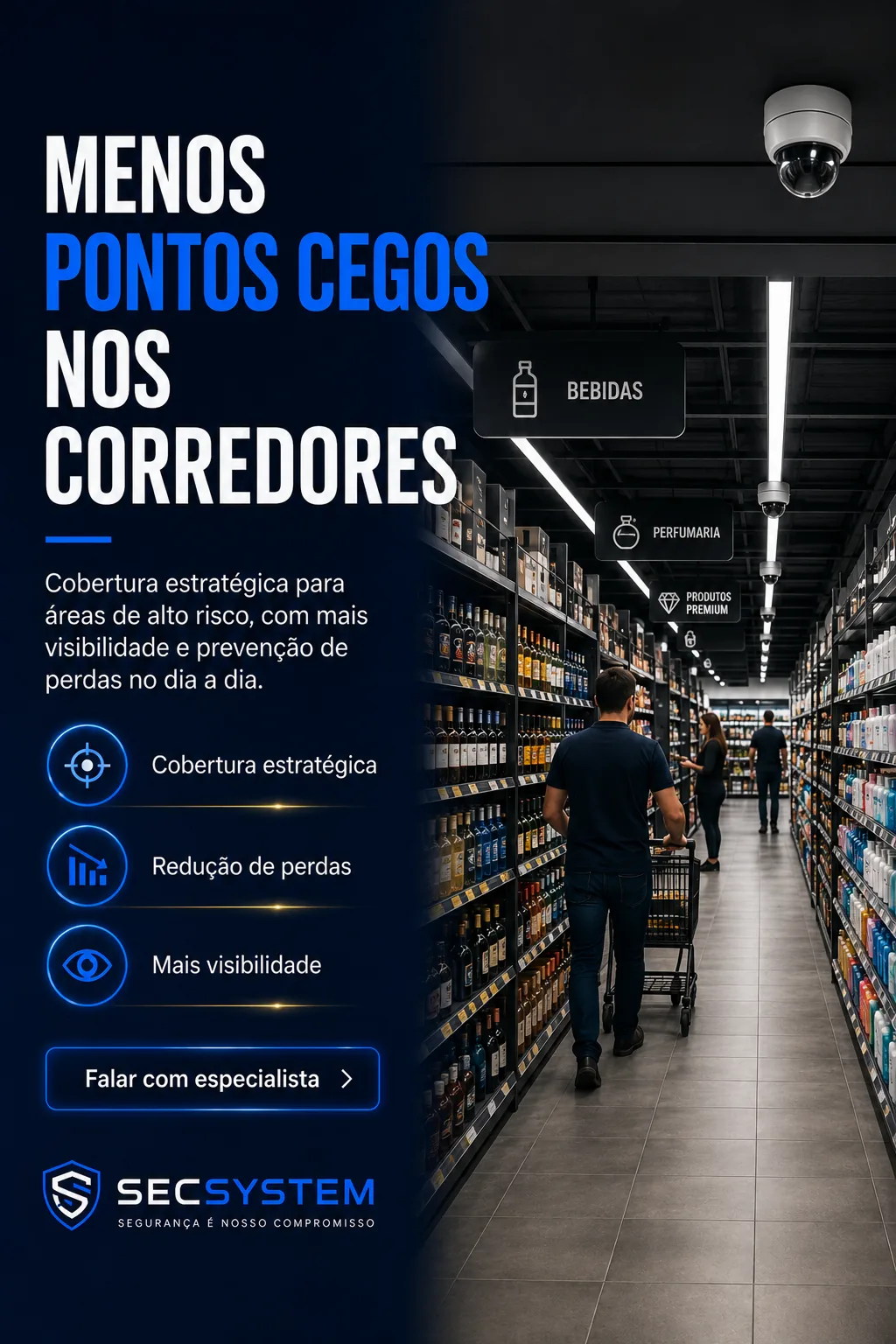 câmeras para supermercado em corredores de bebidas, perfumaria e produtos premium