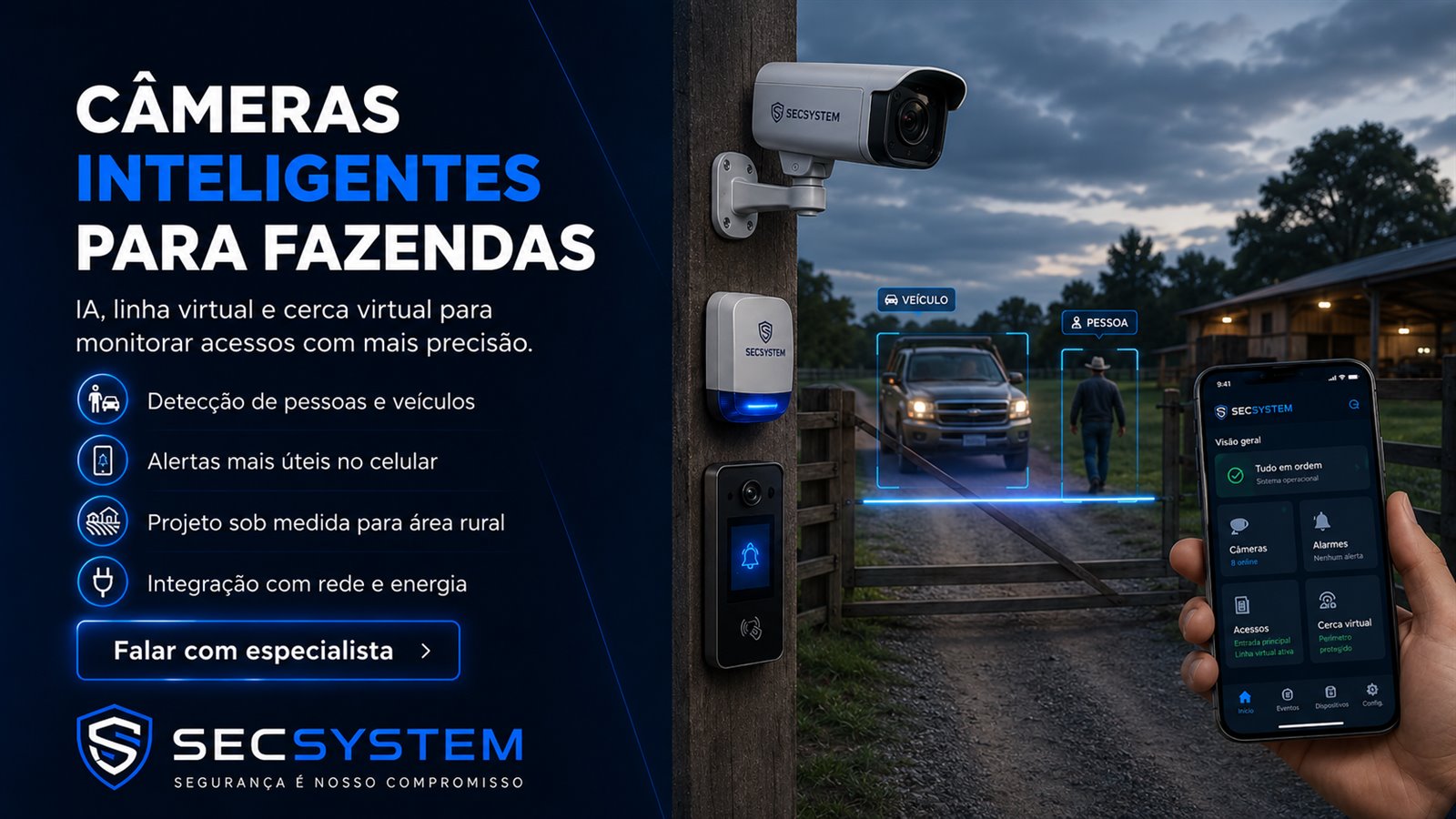 Câmeras inteligentes para fazendas com IA, linha virtual, cerca virtual e detecção de pessoas e veículos
