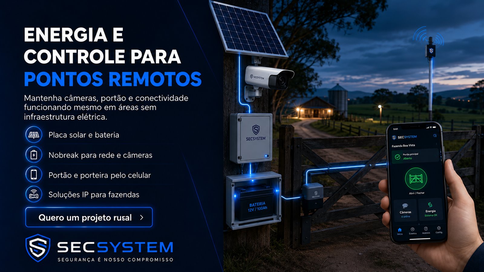 Energia para câmeras rurais com placa solar, bateria, nobreak e controle de pontos remotos