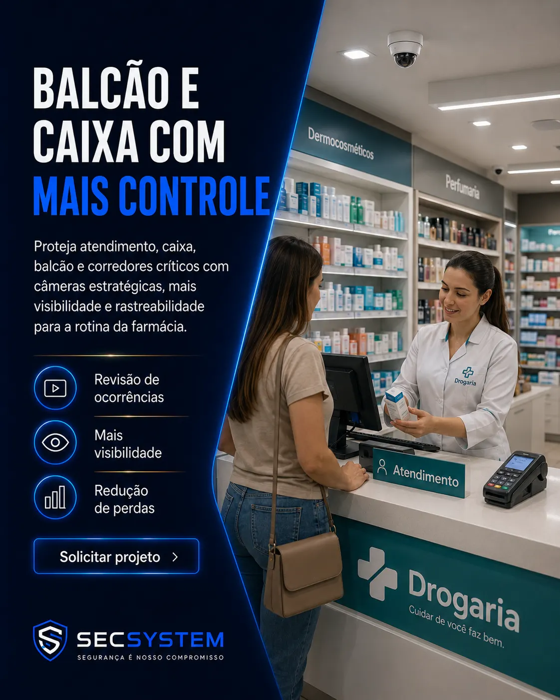 Segurança eletrônica para farmácias com câmeras no balcão e caixa