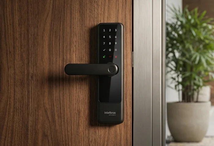 Fechadura Intelbras MFD 3000 D com maçaneta instalada em uma porta de madeira; imagem oficial da fabricante