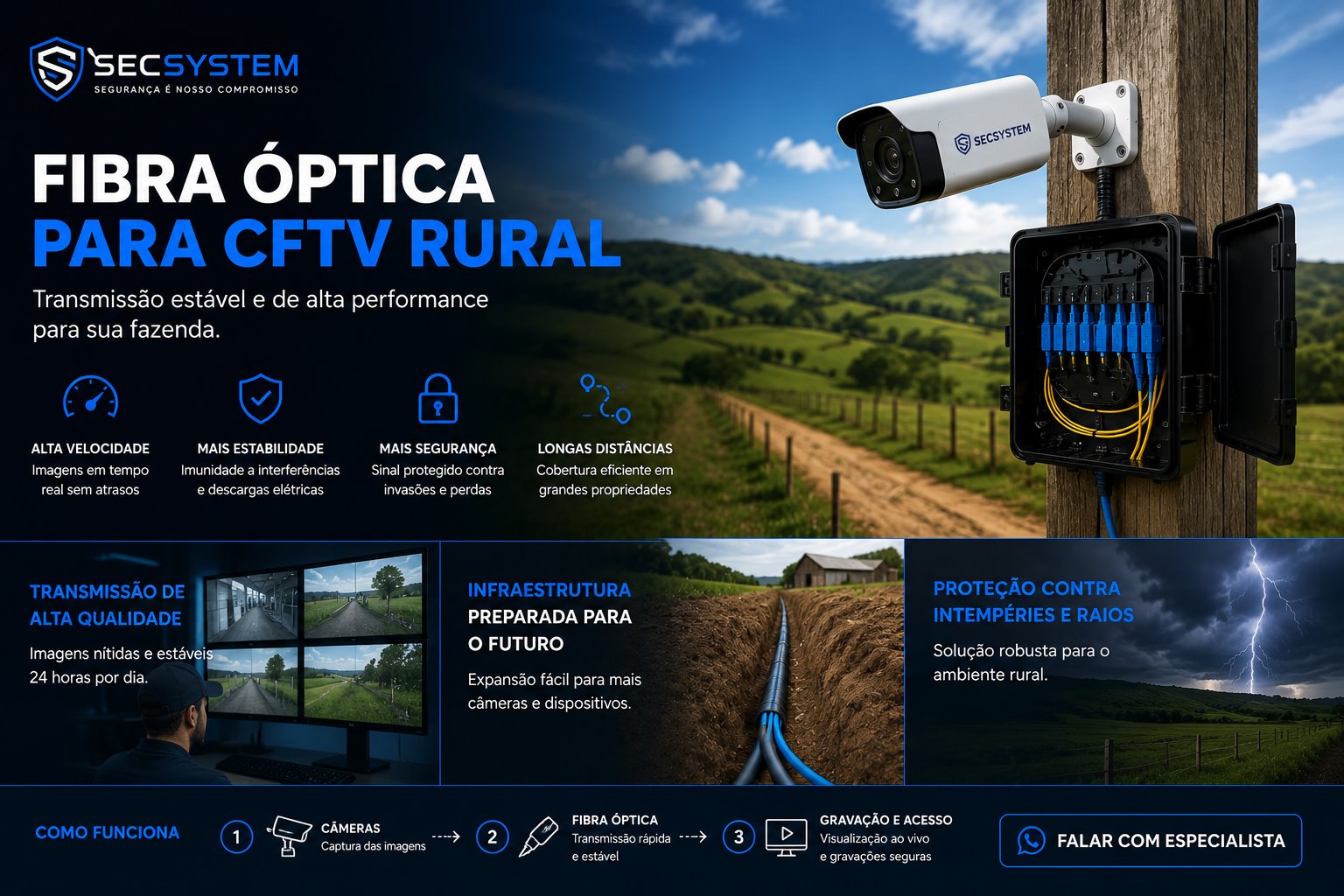 Fibra Óptica para CFTV rural em fazenda com câmeras IP e transmissão estável