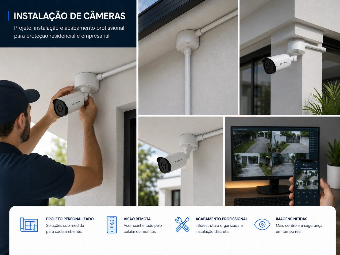 Técnico instalando câmera de segurança com acesso remoto