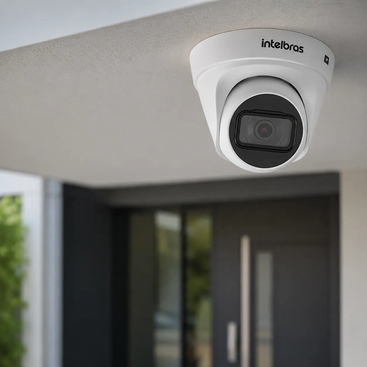 Câmera dome Intelbras instalada não teto com acabamento profissional em entrada coberta