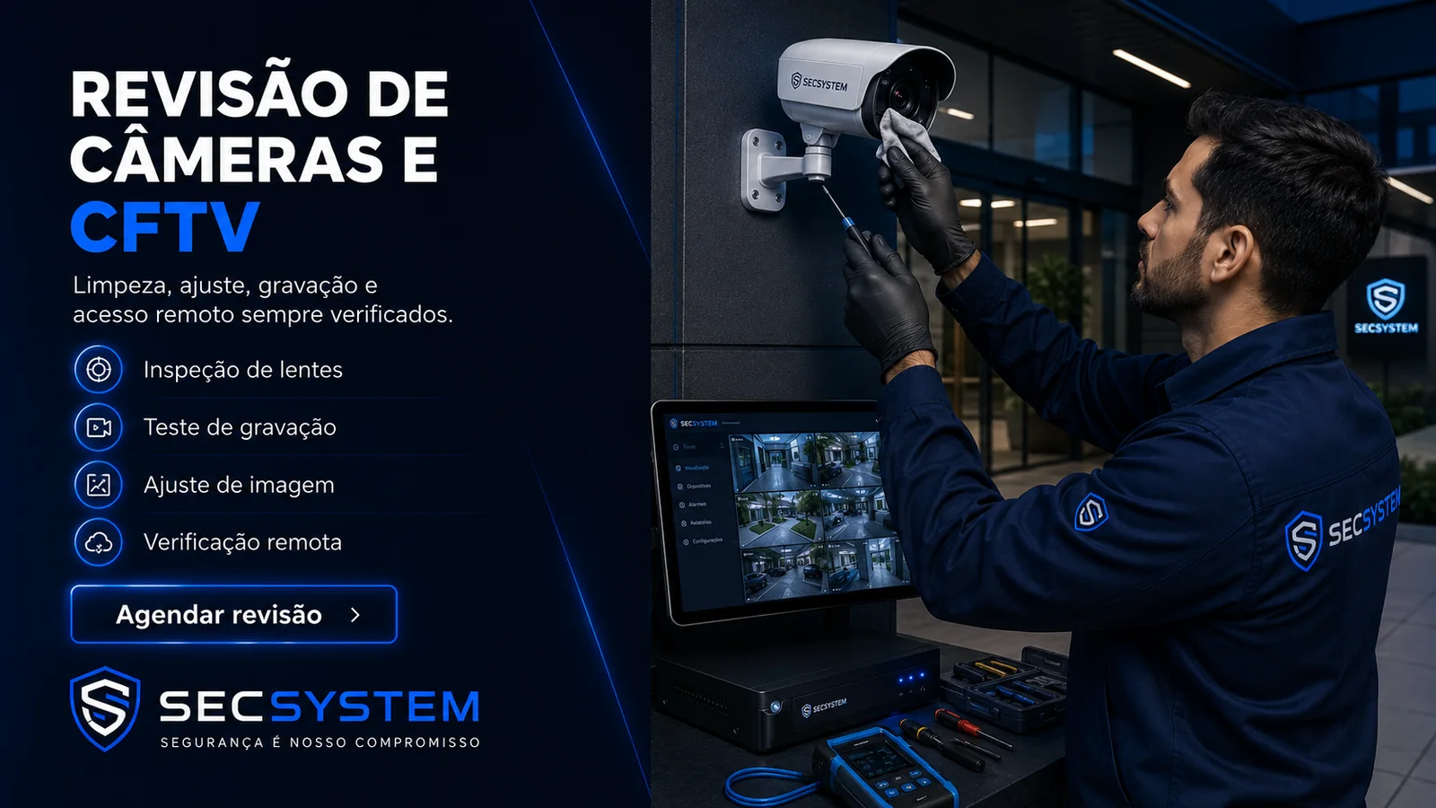 Revisão de câmera de segurança e CFTV com limpeza de lente, ajuste de imagem e teste de gravação