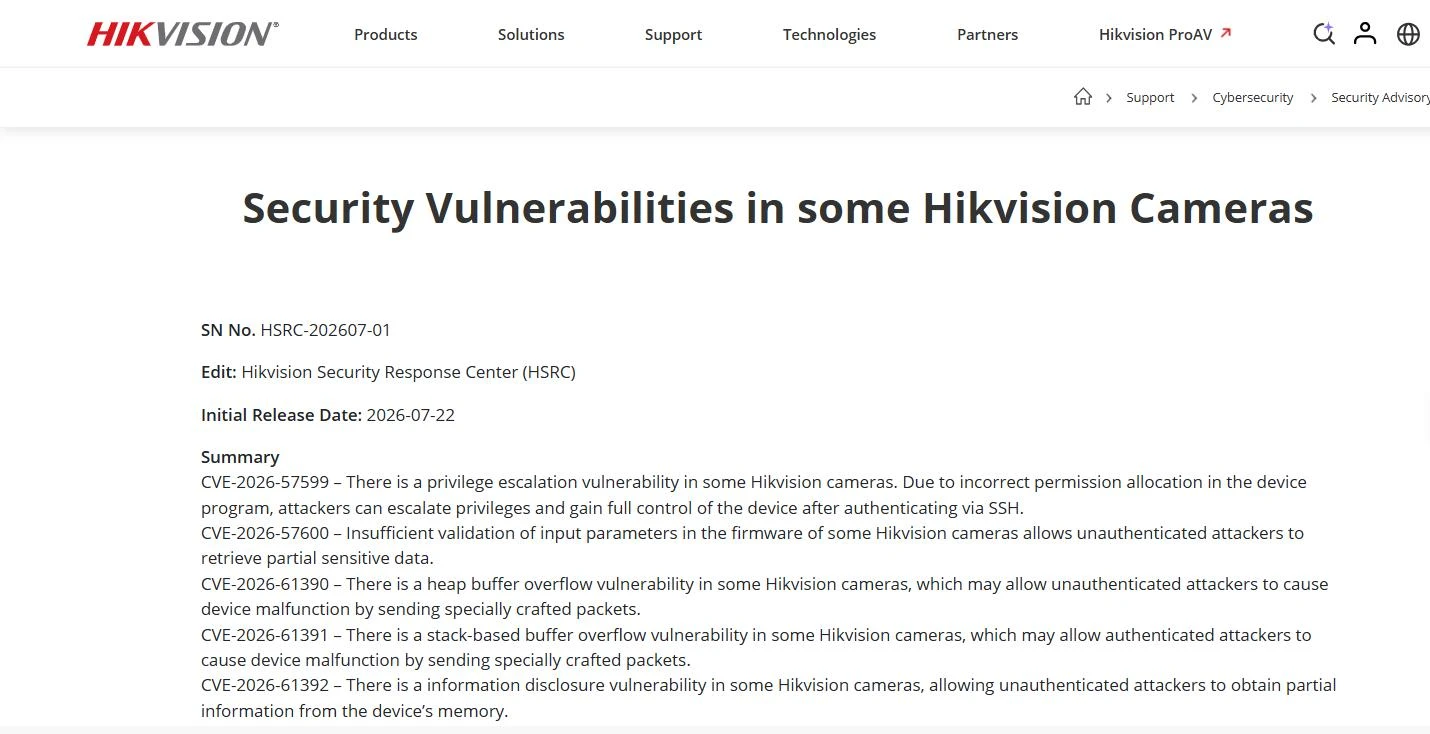 Página oficial do aviso de segurança HSRC-202607-01 da Hikvision, listando as cinco vulnerabilidades