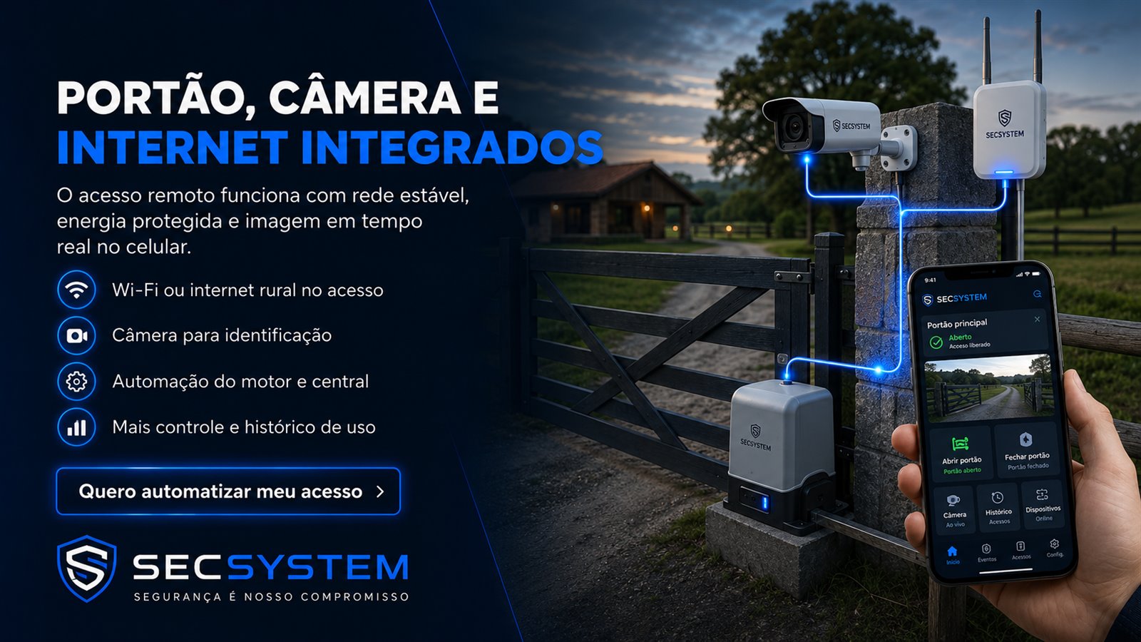 Alarme para fazendas integrado com câmera, internet rural e acesso remoto