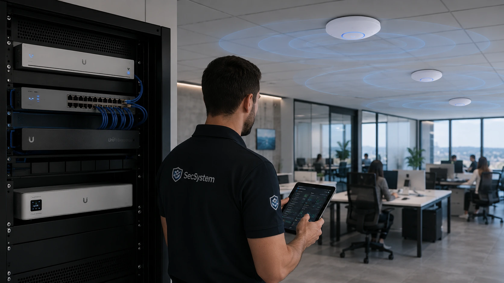 Projeto UniFi para empresa com rack, access points e cobertura Wi-Fi corporativa em escritório