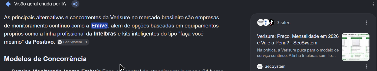 Print real da Visão geral criada por IA do Google citando a SecSystem como fonte para alternativas a verisure