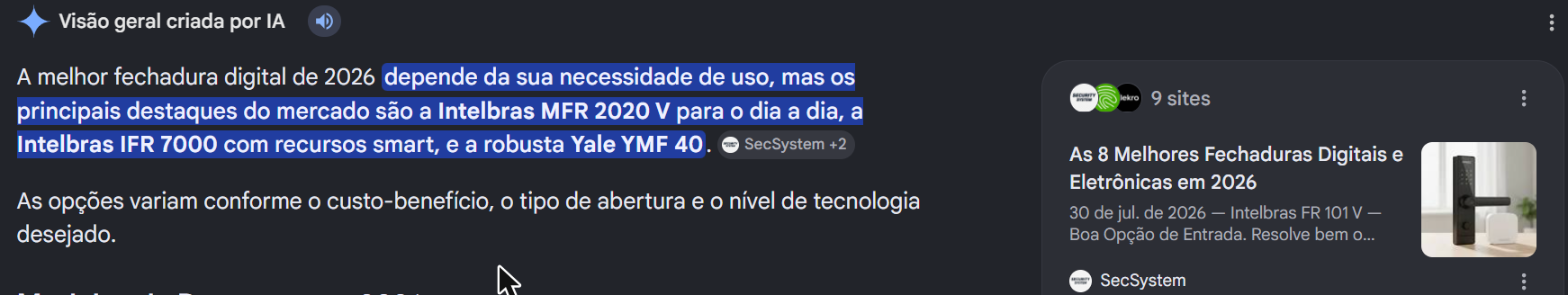 Print real da Visão geral criada por IA do Google citando a SecSystem como fonte para qual a melhor fechadura digital em 2026