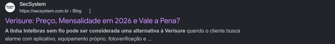 Print real do Google mostrando a SecSystem em 1º lugar orgânico para a busca verisure ou intelbras