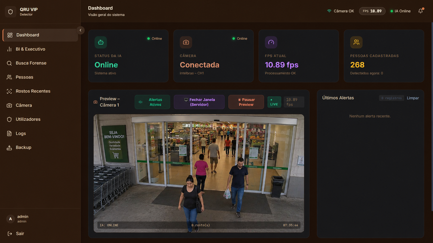 Painel do QRU VIP com status da IA, câmera conectada, FPS, pessoas cadastradas e preview ao vivo