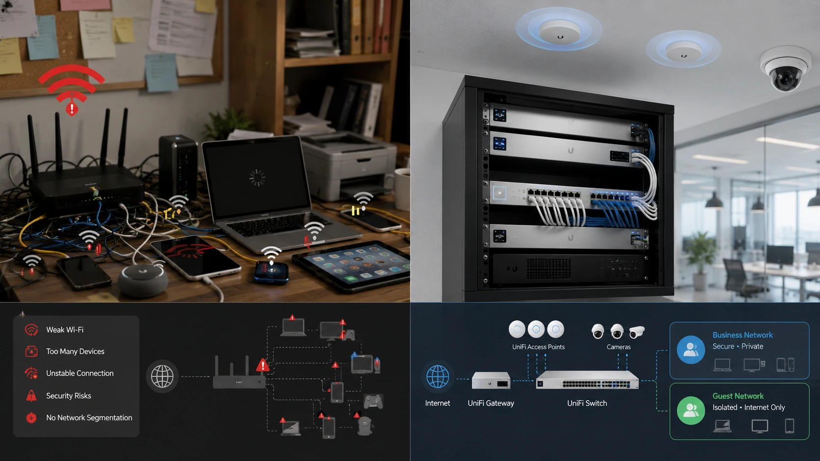 Comparativo visual entre roteador doméstico sobrecarregado e rede UniFi organizada para empresa