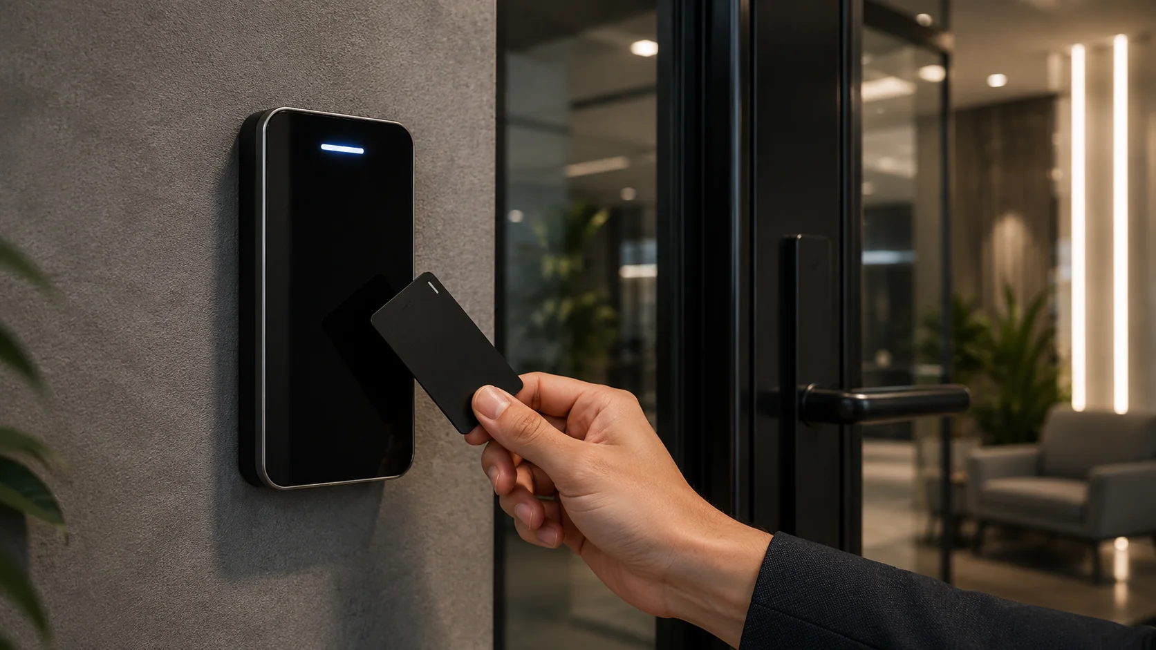 Credencial aproximada em leitor UniFi Access ao lado de porta corporativa