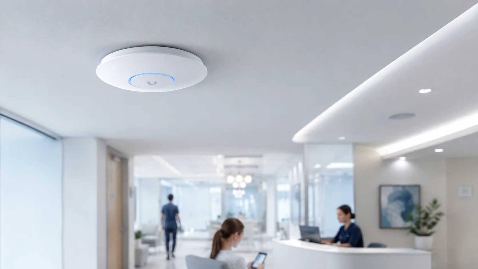 Access point UniFi instalado em clinica com recepcao e operacao em andamento