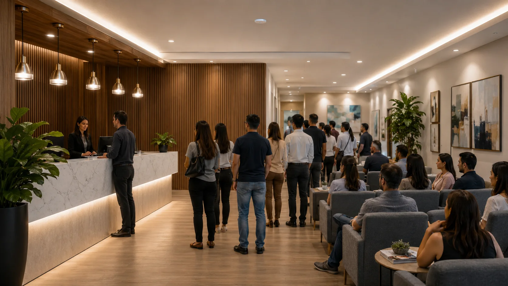 Recepcao de clinica com fluxo de pessoas e cobertura Wi-Fi UniFi profissional