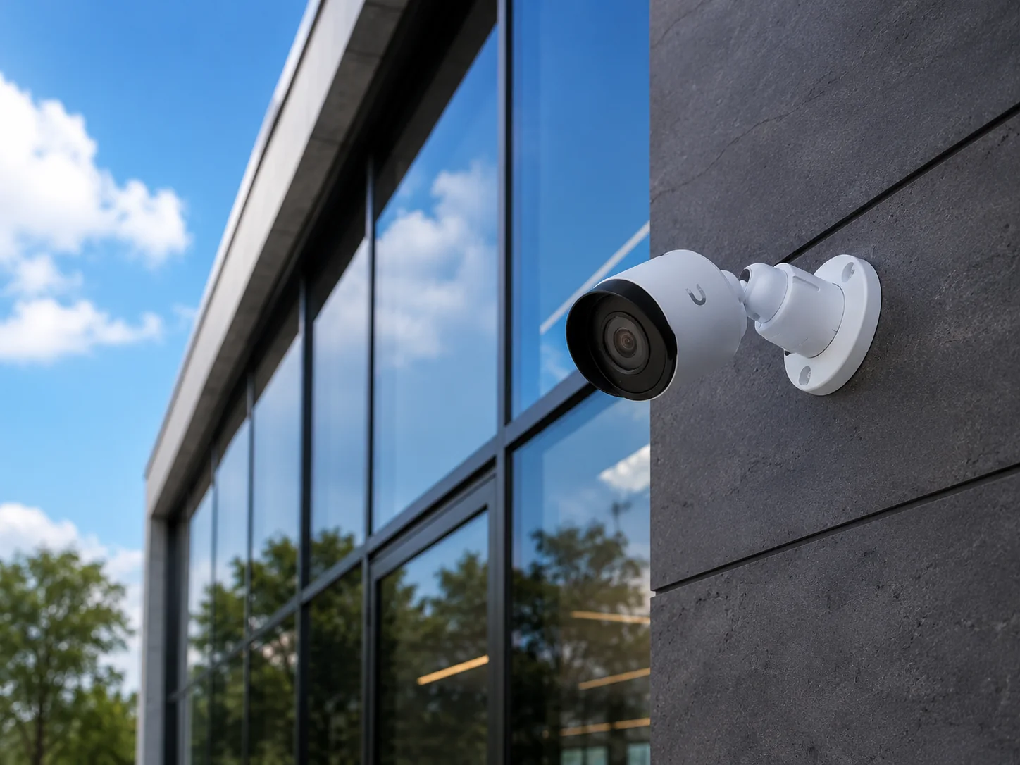 Câmera UniFi Protect instalada em fachada corporativa