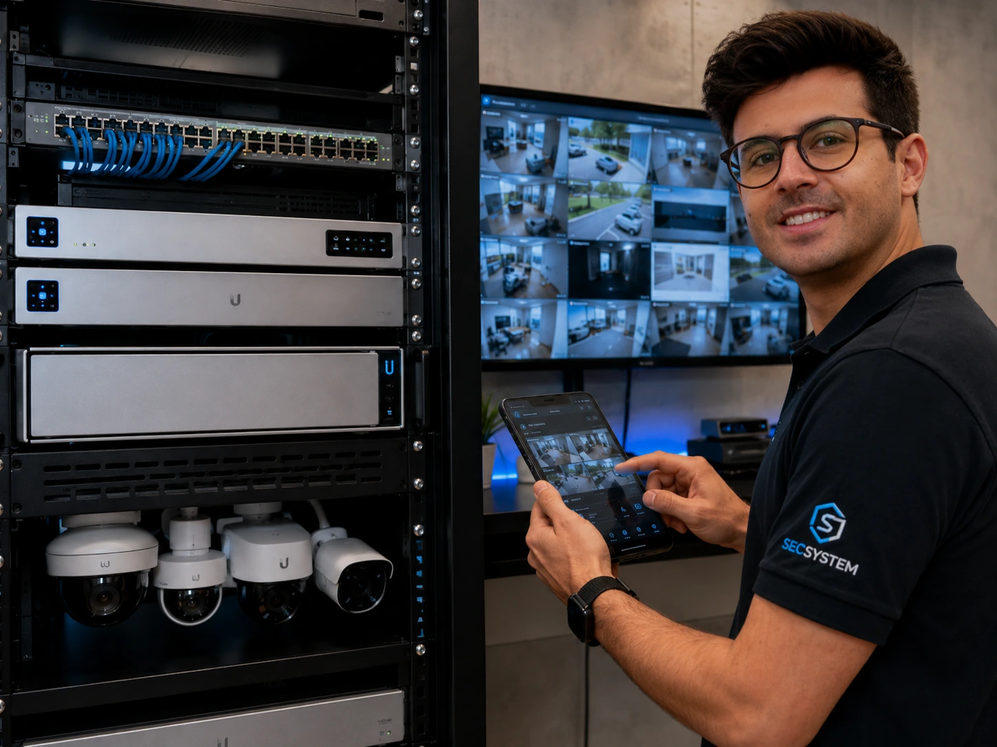 Rack com equipamentos UniFi Protect, câmeras e aplicativo de monitoramento