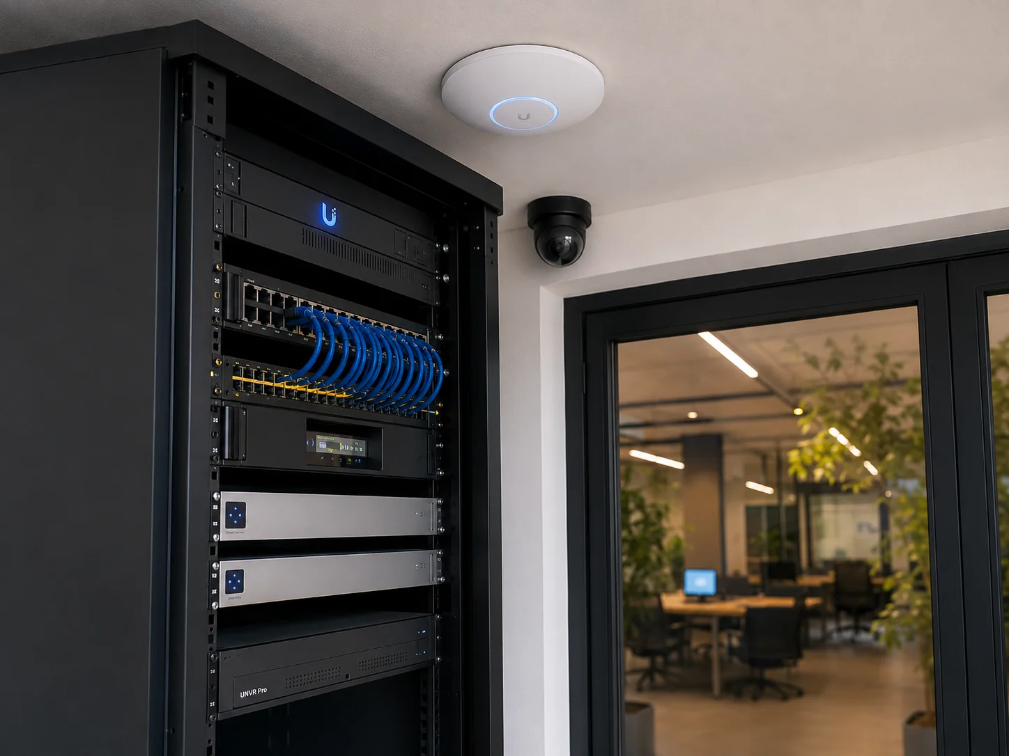 Rack UniFi com câmeras e access point em projeto corporativo